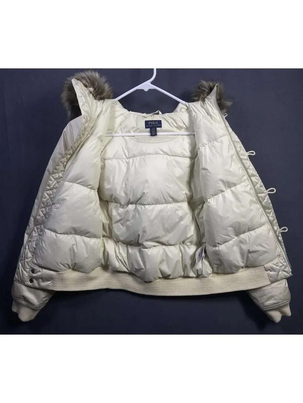 $245 Polo Ralph Lauren Girls Cortina Cream Satin Down Bomber Jacket Sz L 12-14